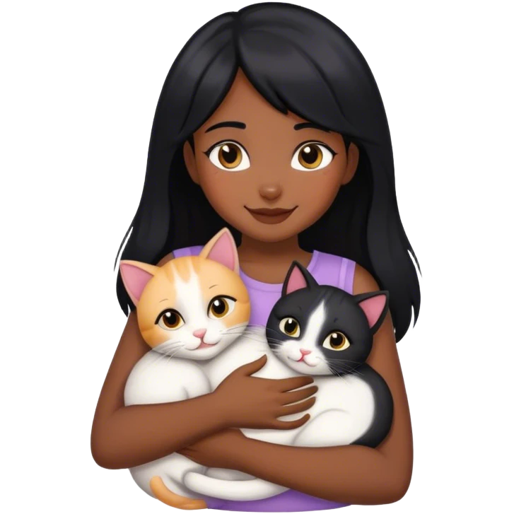 happy black haired girl hugging 3 cats  emoji
