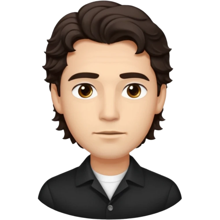He’s a man with light to medium skin, a defined oval face, full brows, deep-set eyes, and wavy short dark brown tall hair styled with height, sides are trimmed. expression calm and focused relaxed black open-collar .polished, articulate, and coach vibe. emoji