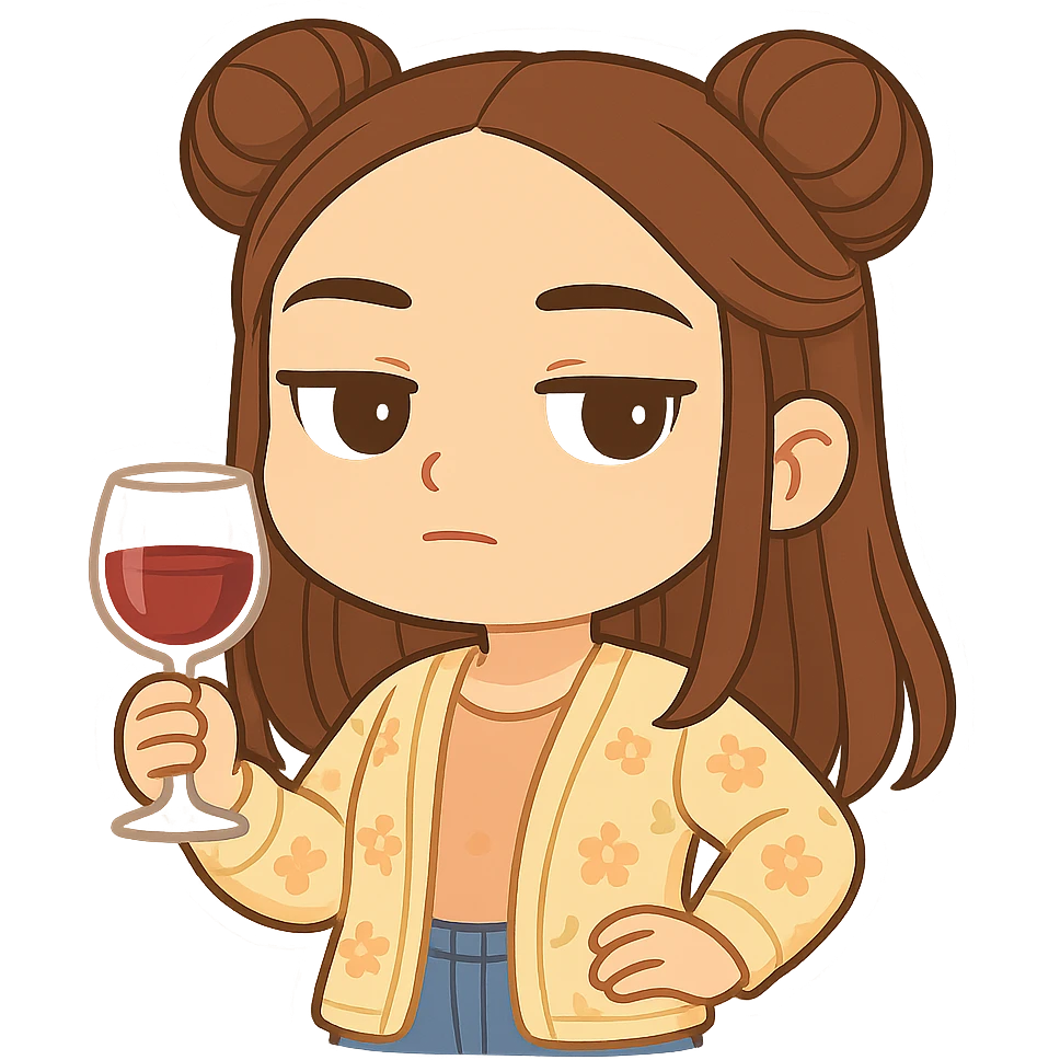Create a chibi sticker of the same girl, holding a glass of wine, looking important and posh. She has brown straight hair in double buns, brown eyes, wearing a pastel floral cardigan and jeans. The sticker should have a white outline and transparent background, 512x512px. emoji