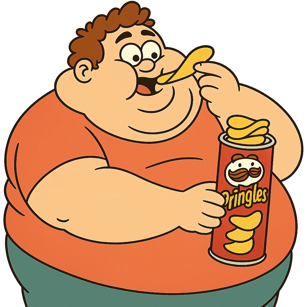 Make the chubby character eating Pringles even fatter, keeping the fun whimsical cartoon style, no background. emoji
