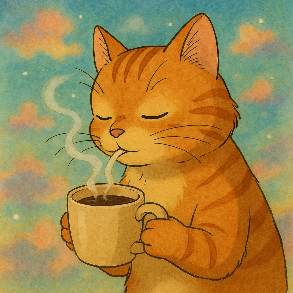 ghibli style ginger cat sipping coffee, dreamy background emoji