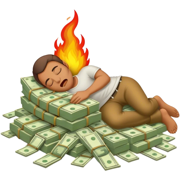 Man sleeping on bed of money with fire in his mouth  emoji