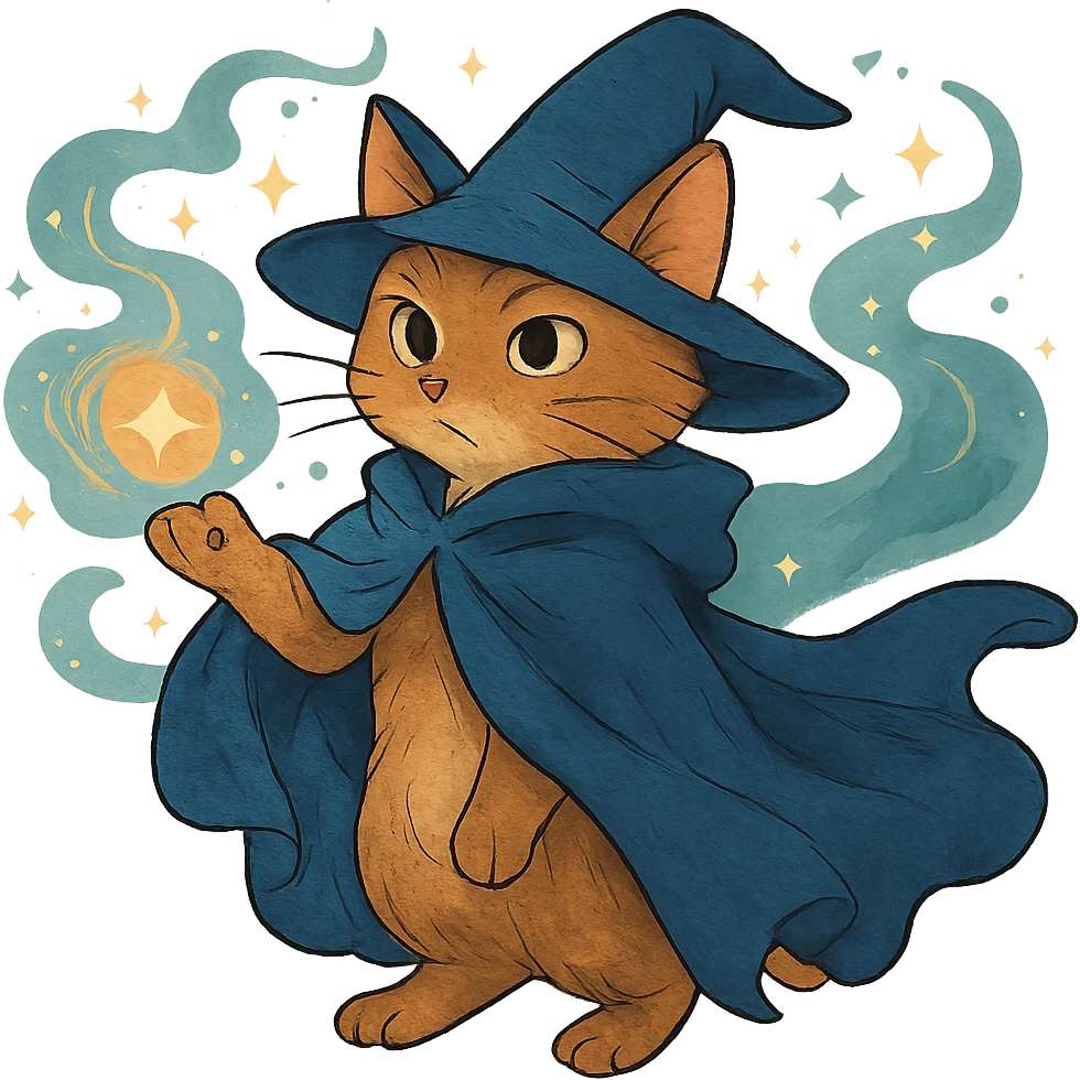 ghibli style wizard cat with a flowing cloak and magical aura emoji
