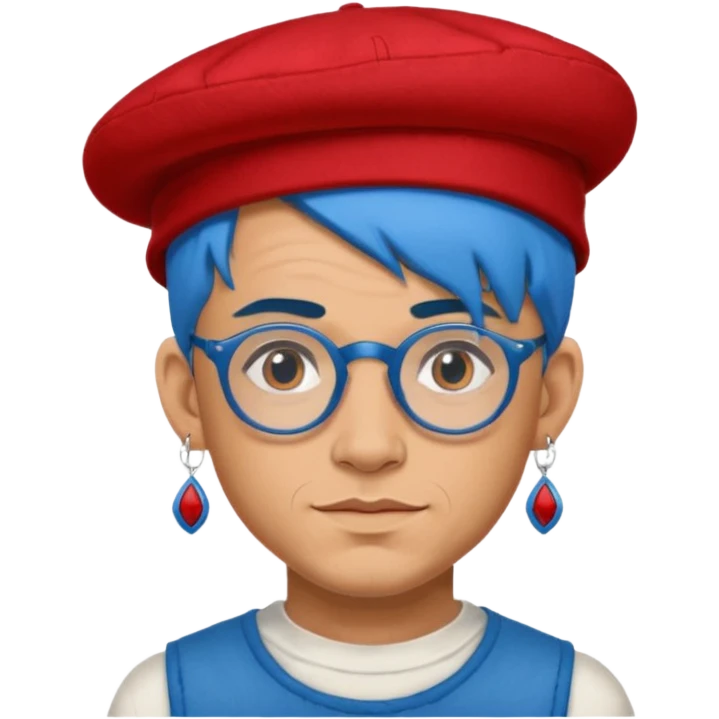 unique looking tourist with big unique red tourist felt hat and earrings, man with lots of tattoes and spectacles, blue hair showing emoji