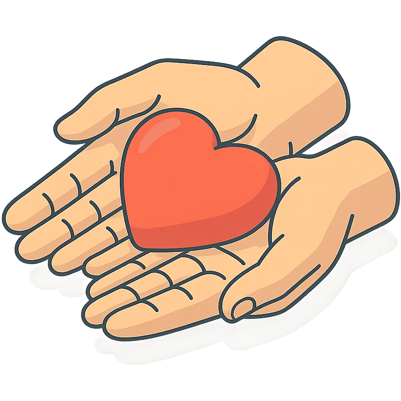 top view of heart in palms, 2D isometric style, very detailed drawing, detailed shadows and highlights, clean contours, soft lighting, transparent background emoji