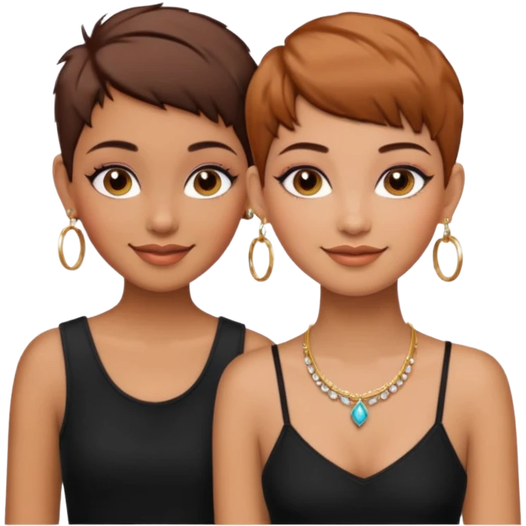 Puerto Rican fair skin straight brown pixie cut hair with hoop earrings make up and my best friend brown  colored pixie cut with jewelry and makeup on her caramel color face besties side-by-side wearing black  emoji