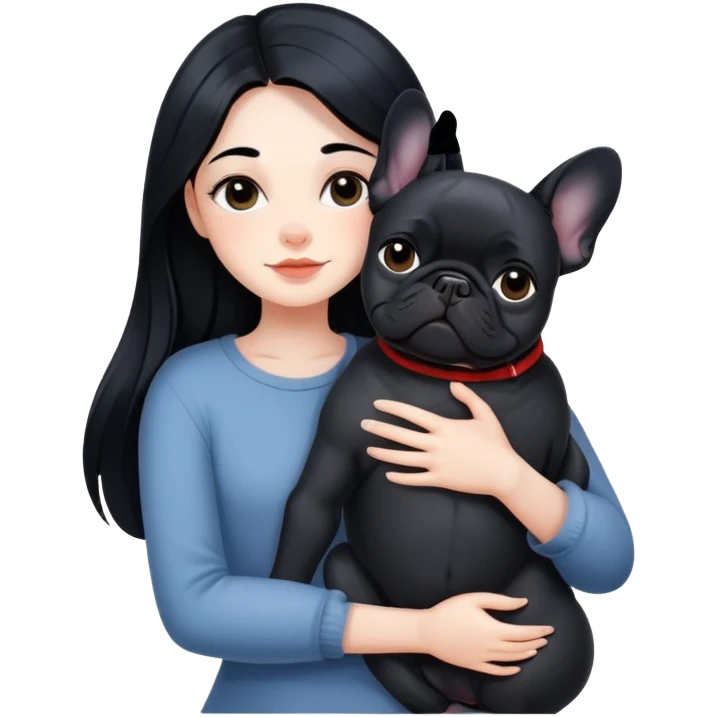 A beautiful girl with long black hair hugs a black French bulldog emoji