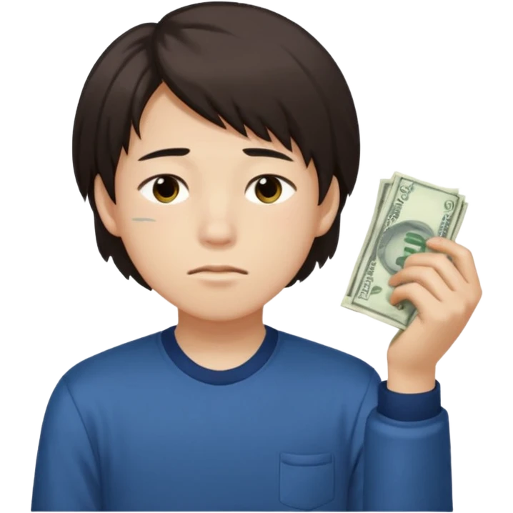 un niño de 15 años pelo medio largo, color blanco ojos marrones, medio chino de la cara, 1.60 de altura, cara agotada sin dormir y cansado con una mano llena de dinero emoji