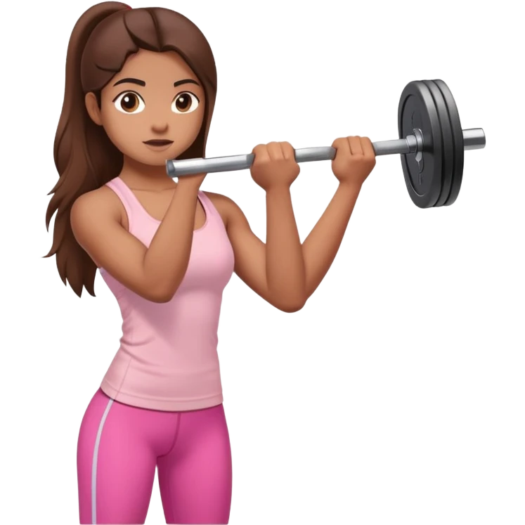 a north-east indian girl with long brown hair wearing a soft pink gym top lifting a barbell doing a shoulder press emoji