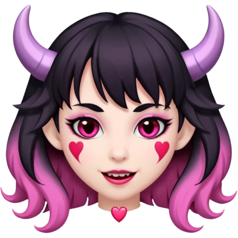 succubus,-pink-irises,-heart-pupils,-black-shaggy-hair,-straight-across-fringe,-grey-skin,-white-horns-curving-towards-forehead,-succubus-horns,-flirty-smile,-full-lips,-black-lips,-cute-fangs emoji