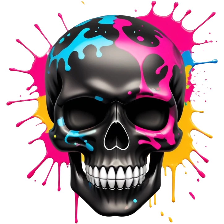 limited edition black skull with luxury haute couture logo patterns, perfectly contained neon paint splatters, museum-quality graffiti art detail, dramatic angle view emoji