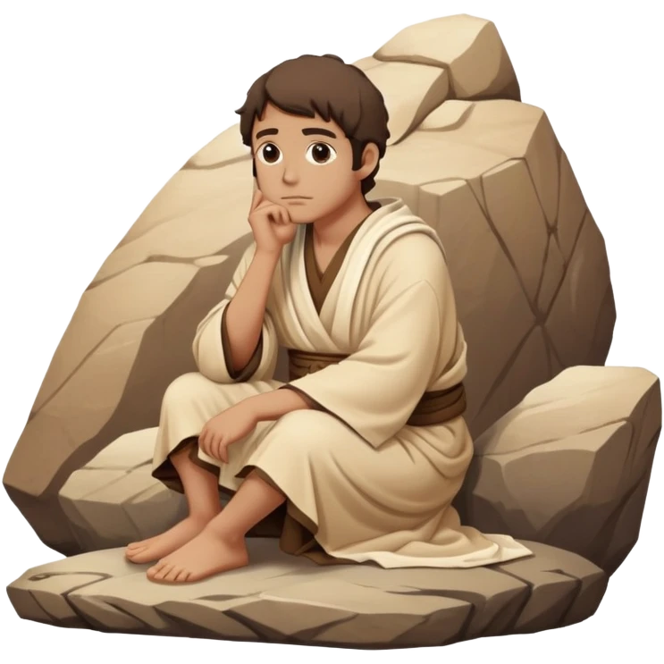 philosopher sitting on a rock in deep contemplation, chin resting on hand, wearing traditional ancient Greek robe, beige and brown tones only emoji