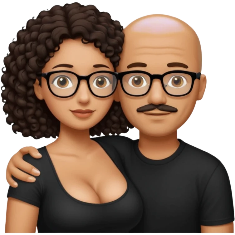 A picture of an embracing tanned couple. the man is a Mexican man with tanned skin, with a bald hair cut, short beard and wearing a black shirt. the woman is short with long curly dark brown hair and with big boobs. Put glasses on the woman only. No glasses on the man emoji