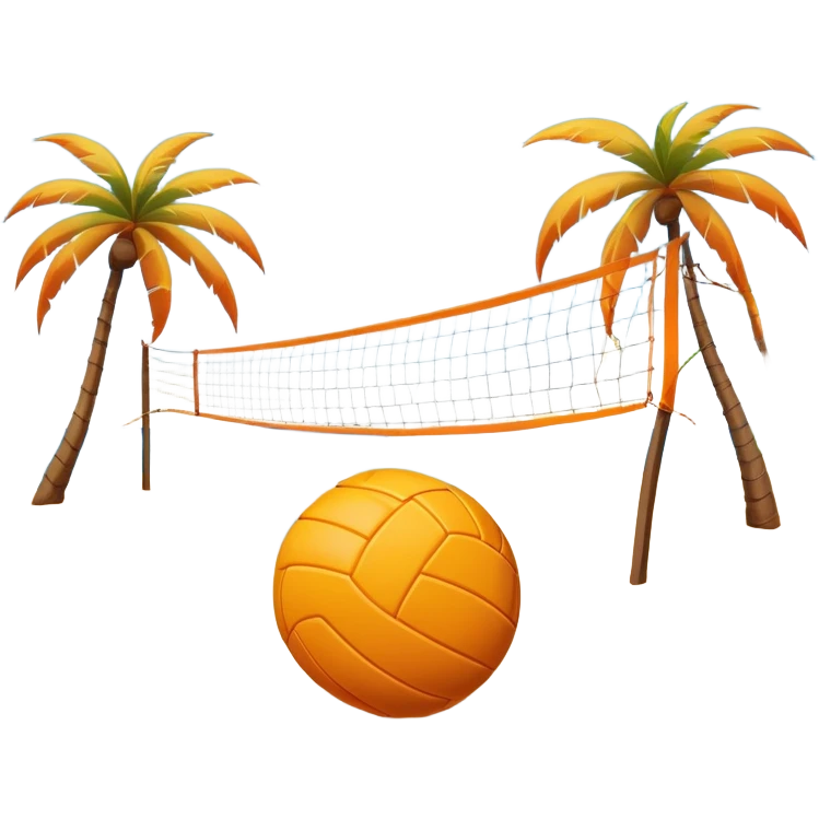 The scene captures a sunny sea beach with clear blue sea and sky, palm trees swaying. A volleyball resting on the orange sand ground of a beach, with a volleyball net in the background.  emoji