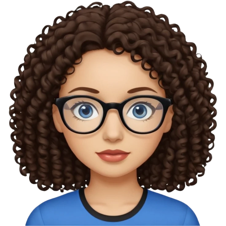 a woman, 30 years old, light skin with dark brown curly hair. eyeglasses. Black top. blue eyes. emoji
