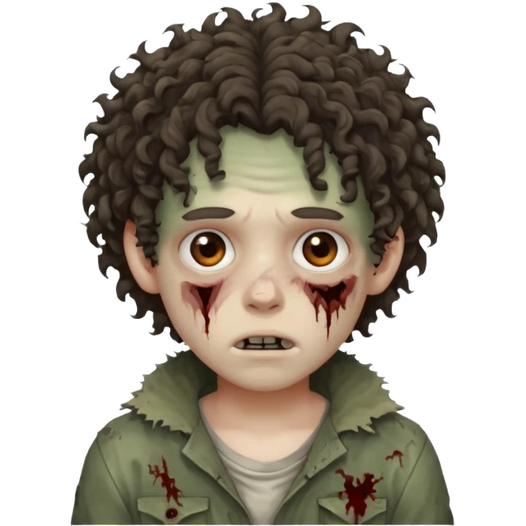 menino com cabelo cacheado e olhos marrons, com aparencia de zumbi emoji