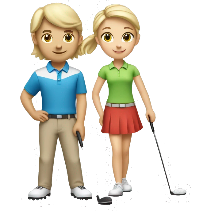Blonde Caucasian little boy and brunette Caucasian little girl golfing with blonde golf coach emoji