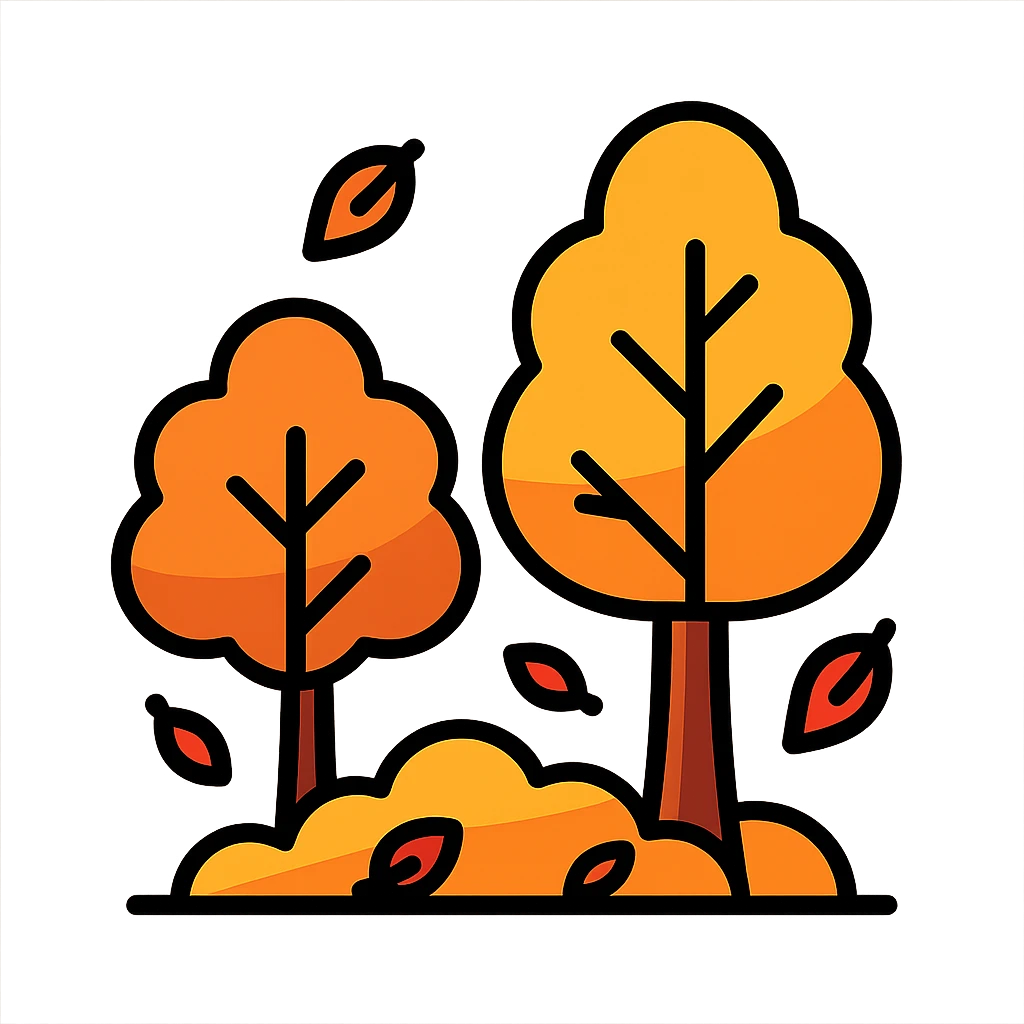 autumn fall scene with trees, orange foliage, and falling leaves emoji