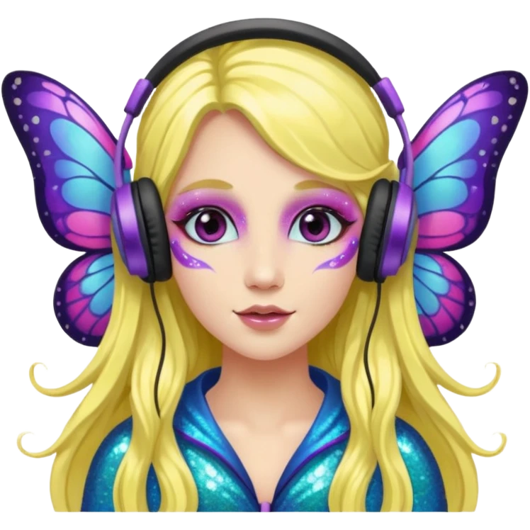long haired make glitter makeup fairy wearing headpones wing butterfly wings  emoji