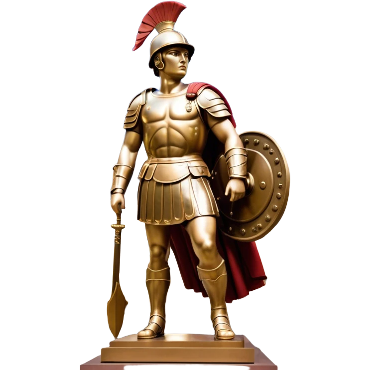 Cinematic Realistic Roman Soldier Statue at Botero Square Landmark Emoji, depicted as a striking, larger-than-life sculpture rendered with rich detail and dynamic, urban lighting. emoji