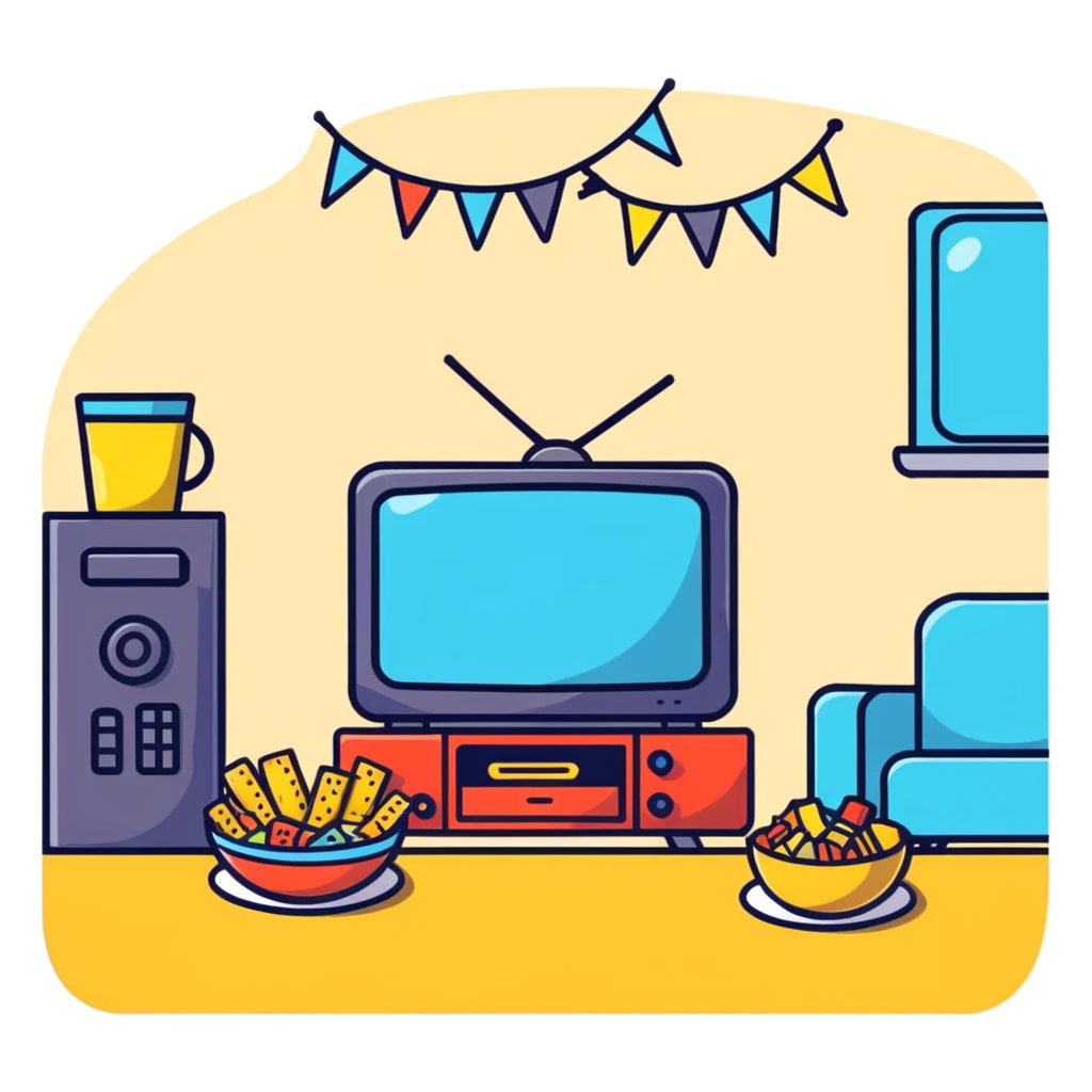 TV party with multiple characters, snacks, and decorations emoji