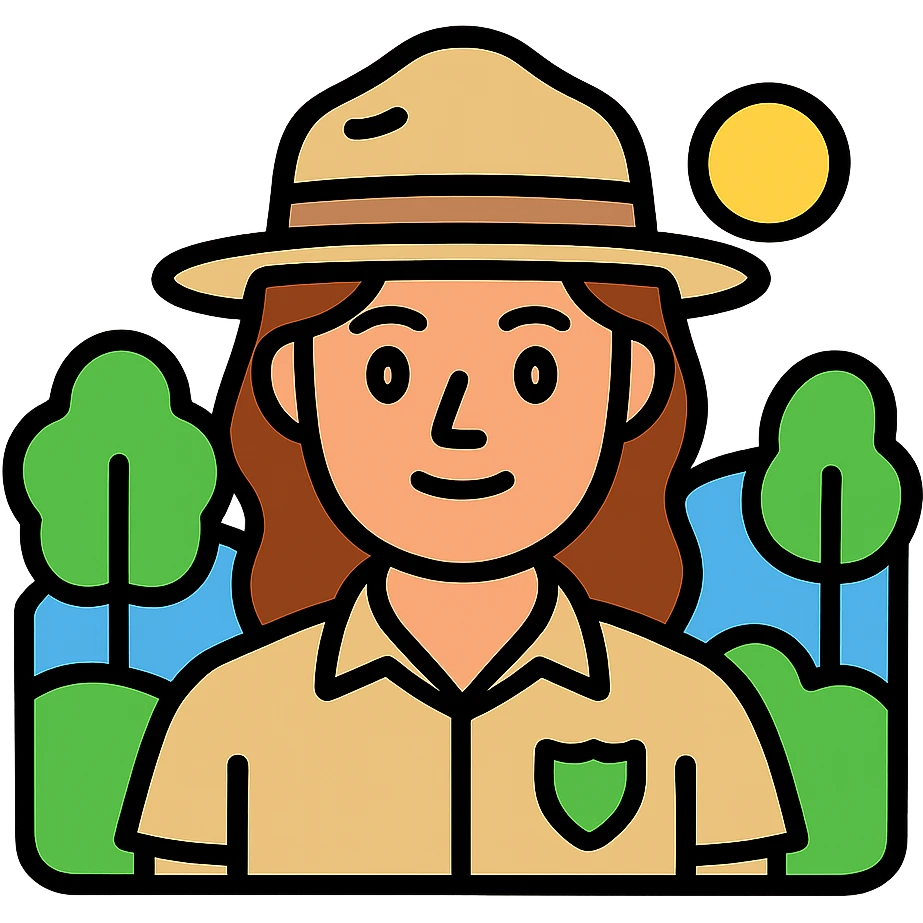 white woman park ranger with brown hair and blue eyes in a nature background emoji