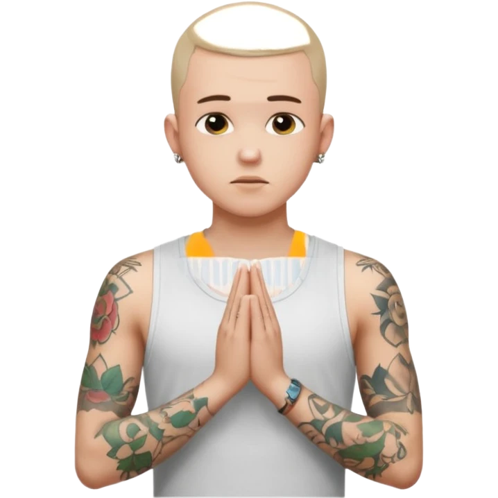 A 20 year old white man with a buzz cut and tattoos all over his arms and chest. Pleading face with hands praying wearing a white tanktop emoji