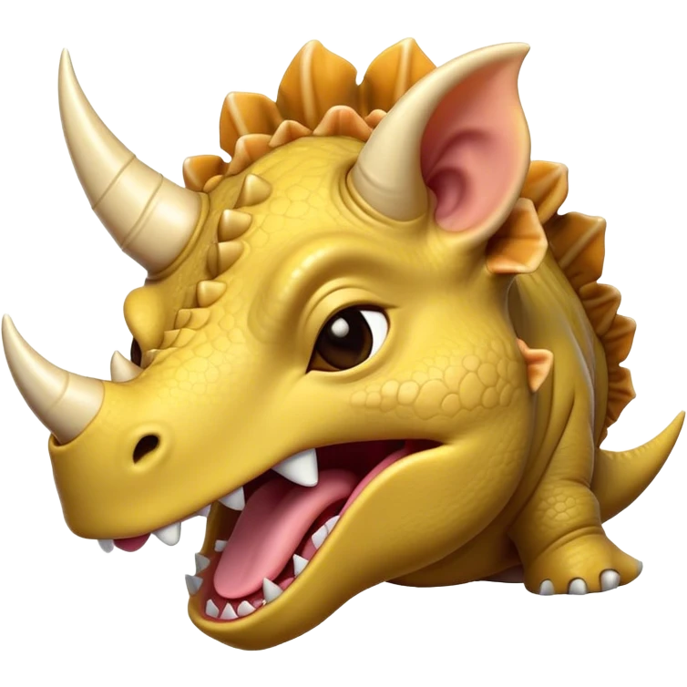 Cinematic Cute Yawning Triceratops Portrait Emoji, Head tilted slightly with a dramatic, wide-open yawn, showcasing a robust, horned body with a frilled head and sleepy, half-closed eyes, Simplified yet irresistibly cute features, highly detailed, glowing with a soft, cozy prehistoric glow, high shine, relaxed yet expressive, stylized with a dash of whimsical ancient charm, soft glowing outline, capturing the essence of a drowsy yet affectionate Triceratops that appears ready to stretch and yawn its way out of the screen! emoji