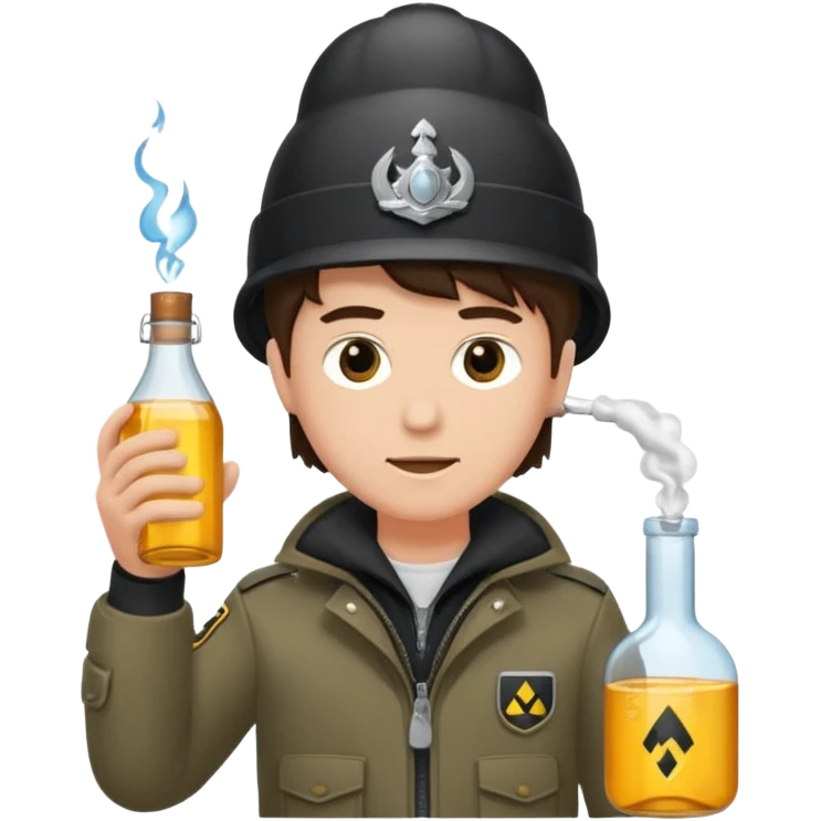 erstell ein bild Von eine jungen der braune augen hat eine sturmhaube trägt und eine Jacky flasche in der Hand hebt plus eine Jacke mit schwarzen fell emoji
