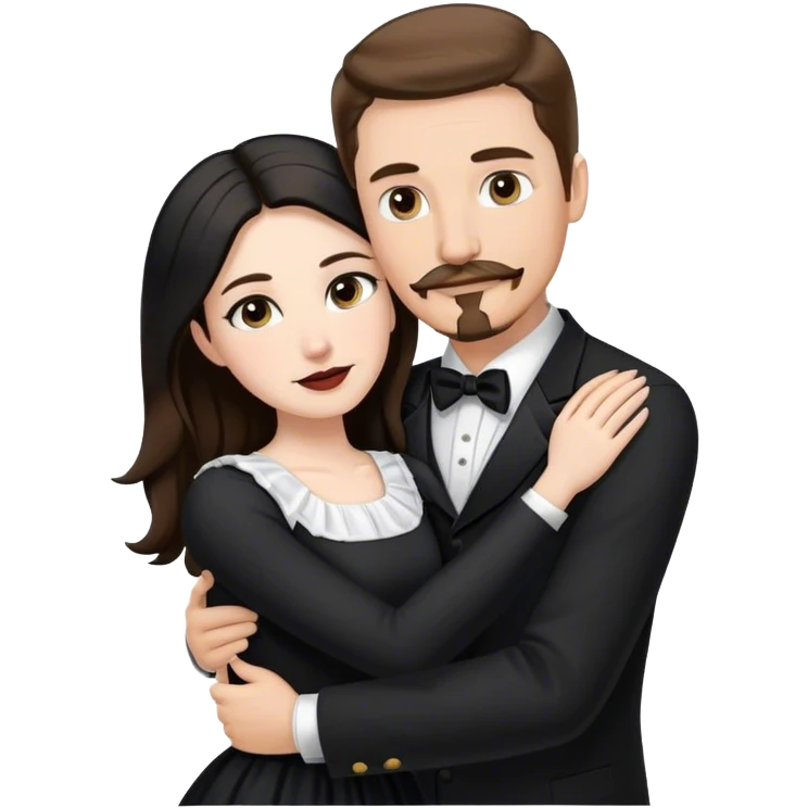 tall white man with brown hair goatee mustache hugging a pale woman with long black hair, wearing black and white formal clothing emoji