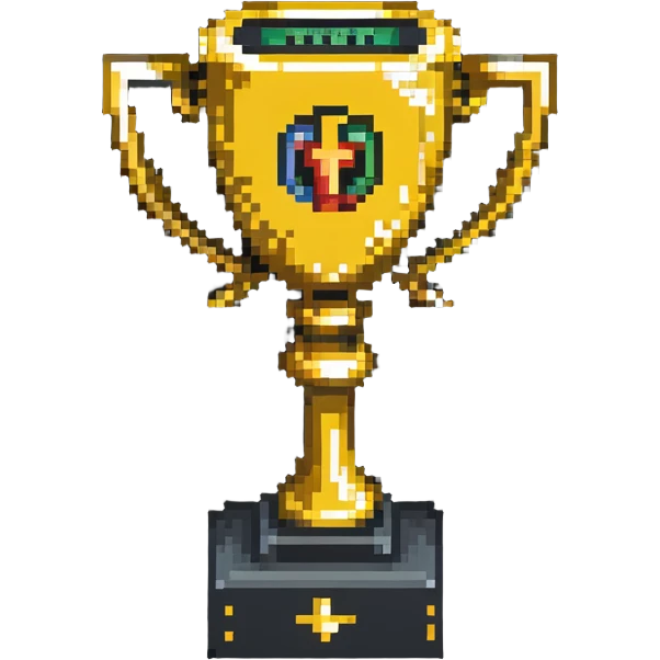 A golden trophy with a computer/code symbol for hackathon winner emoji