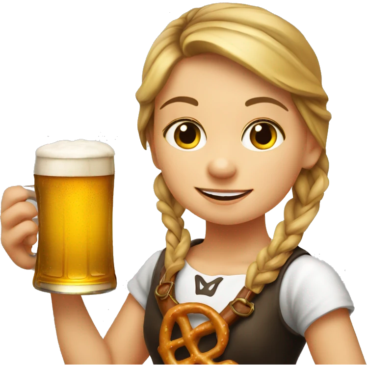 Young German girl drinking beer with a pretzel wearing a drindl emoji