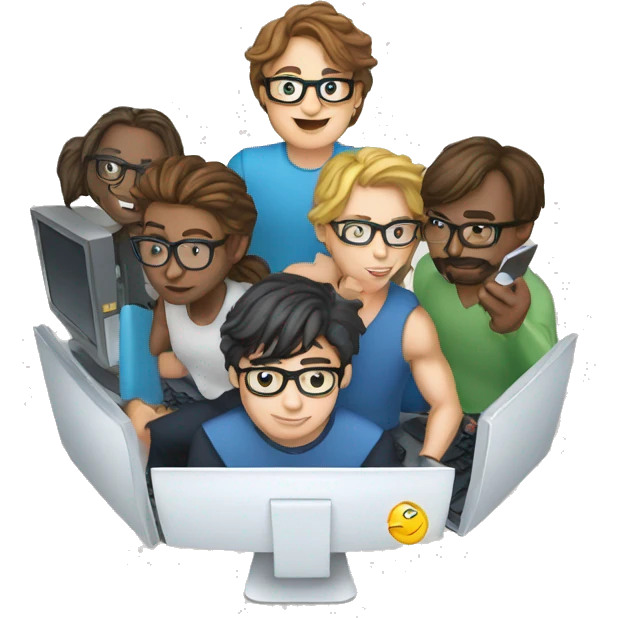 five geeks working together with a computer emoji