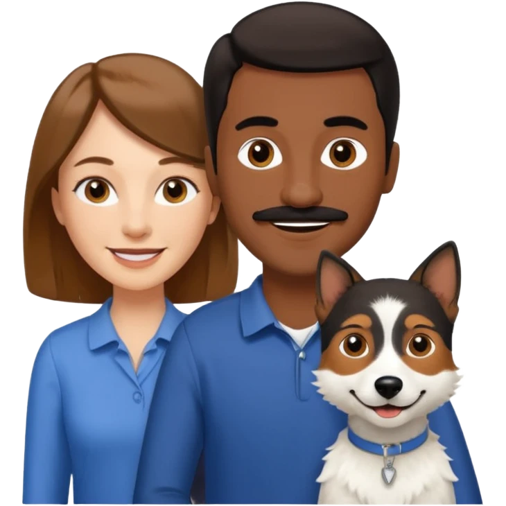 Quiero a una mujer blanca  con el pelo por el hombro lacio castaño  con un hombre de color morochito con el pelo negro y bigote, ambos felices  y un solo perro blanco Fox terrier  emoji