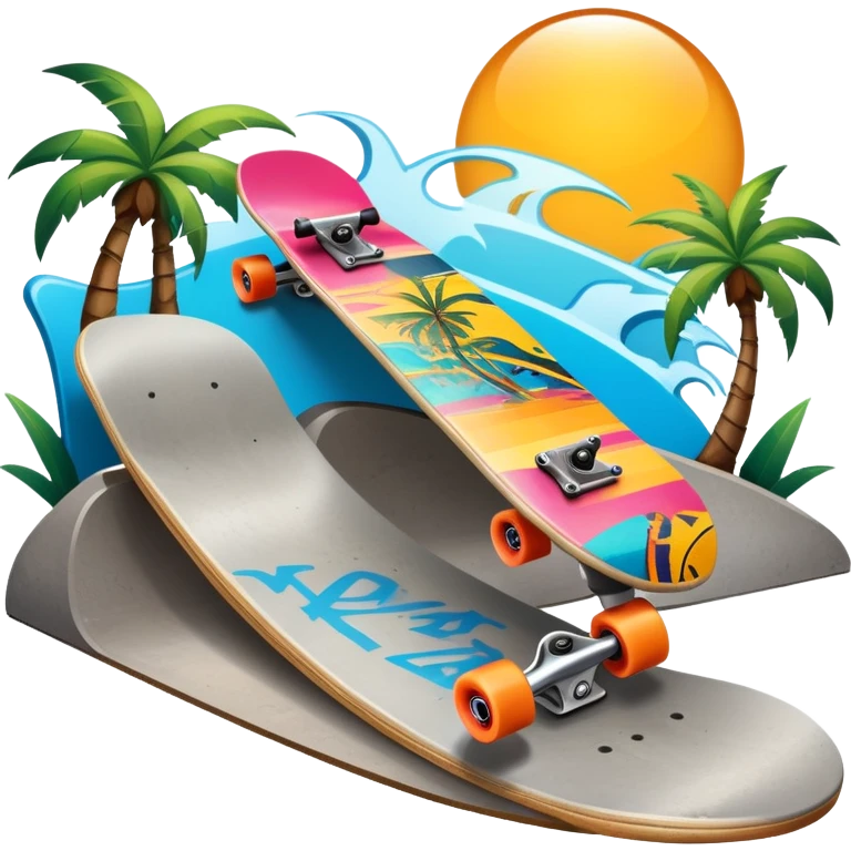 An icon featuring a skateboard resting on a smooth concrete surface. The background shows a sunny skate park with ramps, graffiti walls, and palm trees, creating an urban vibe. The skateboard is designed with vibrant colors and unique graphics. Transparent background  emoji