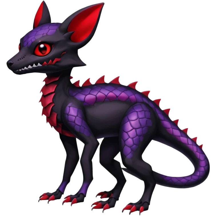 Gothic Black red purple Scaley Exotic Salandit-Umbreon-Noibat-Fakémon-hybrid-creature (full body), 4 legs, white skull face mask emoji