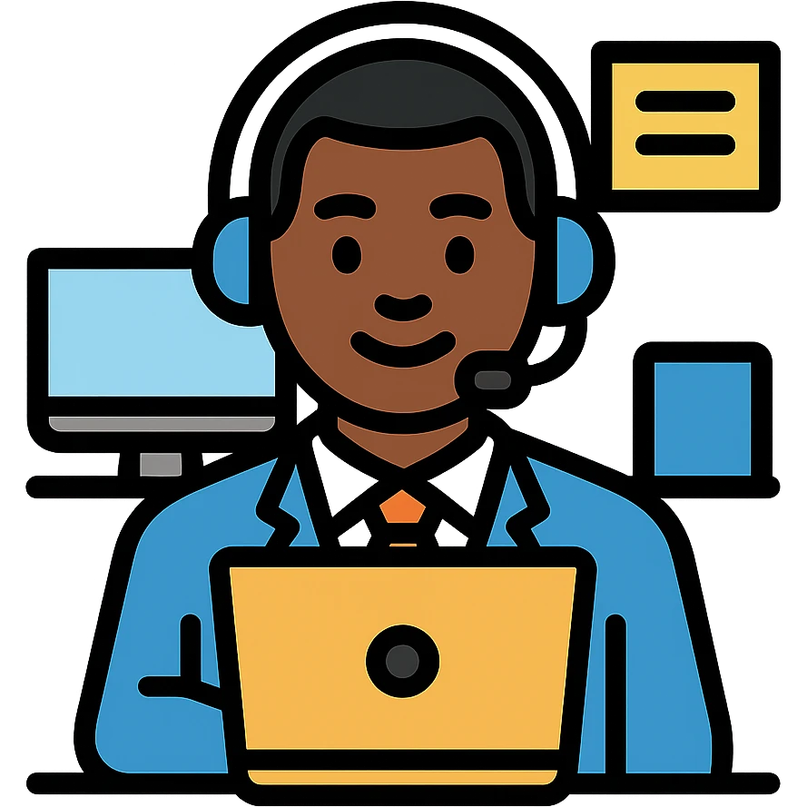 black agent working at a call center, wearing a headset, professional and friendly expression, office background emoji