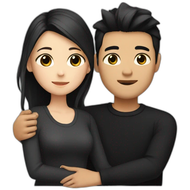 Blonde girl with brown eyes in black sweater and asian man with black hair hugging emoji