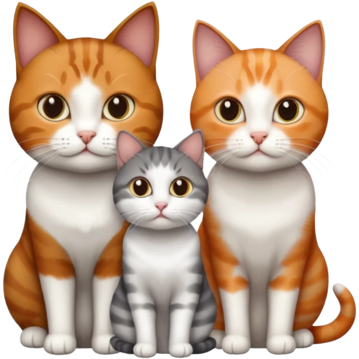 3 different coloured short haired cats including; a dark brown tabby and white cat, and a dark grey and white and a ginger and white emoji