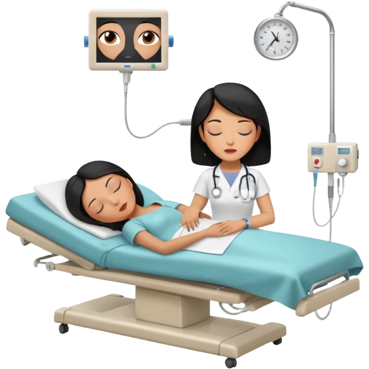 A black-haired woman in her 50s lying on an examination bed with eyes closed, shown in a wide, full-body shot in a clean colonoscopy procedure room. Only the patient is visible. emoji