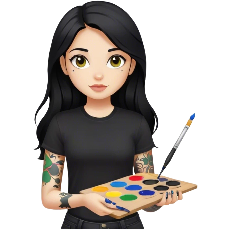 A girl with long black hair  light complexion and hazel eyes and black tattoos on right arm holding a paint palette  wearing black shirt emoji