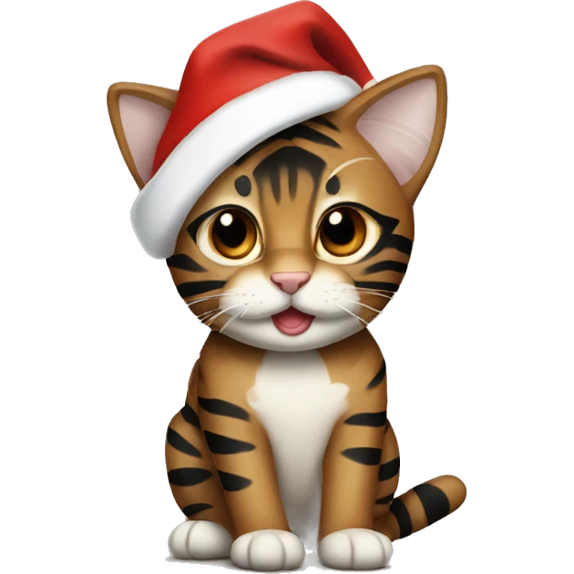 Brown and black tiger striped cat in a Santa hat emoji