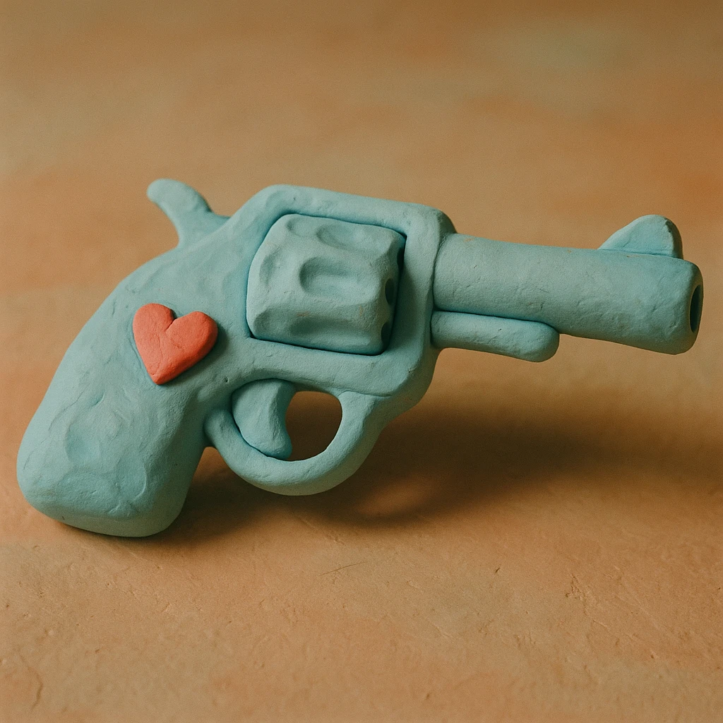 blue heart pistol, claymation style, soft pastel colors, visible fingerprints emoji