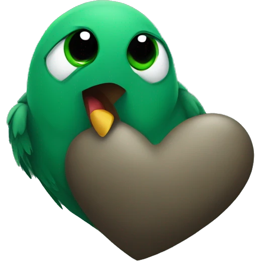 bird holding a dark green heart that says Ty emoji