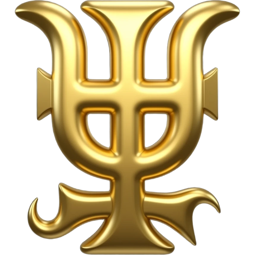 A 3D gold metallic symbol of the Coptic letter Ti (ϯ), shaped like a cross with a hooked base, high resolution emoji style, dark background, NO PEOPLE. emoji