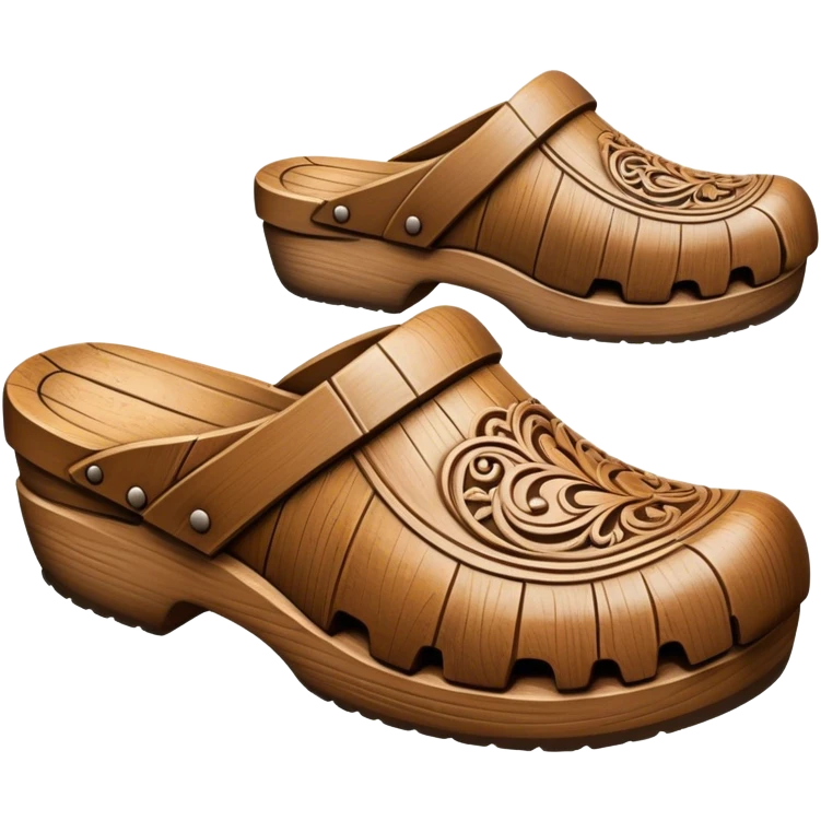Cinematic Realistic Wooden Clogs Emoji, depicted as a pair of traditionally carved weathered wooden clogs with intricate details and rustic charm, rendered with rich textures and warm natural lighting that captures their cultural heritage. emoji