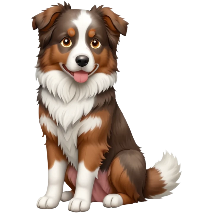 cinematic-[australian shepherd dog]-realistic-full-body-sitting-emoji,-tail-resting-loosely-beside-its-paws,-head-tilted-dramatically,-scruffy-[white and red merle]-fur,-simplified-yet-realistic-focused-features,-highly-detailed,-glowing-with-an-almost-sarcastic-glow emoji