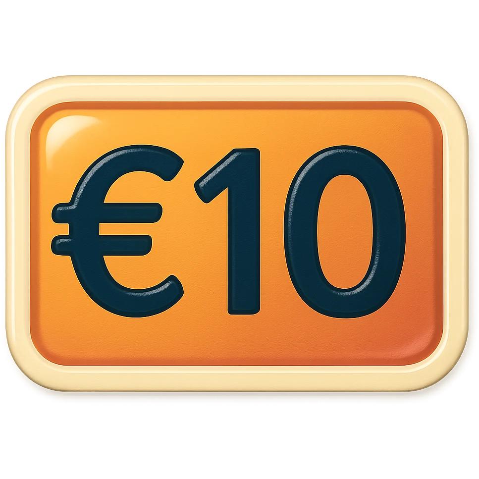 Create a rectangular sticker with rounded corners, no rope, keep the €10 visible, clean and clear design, no background. emoji