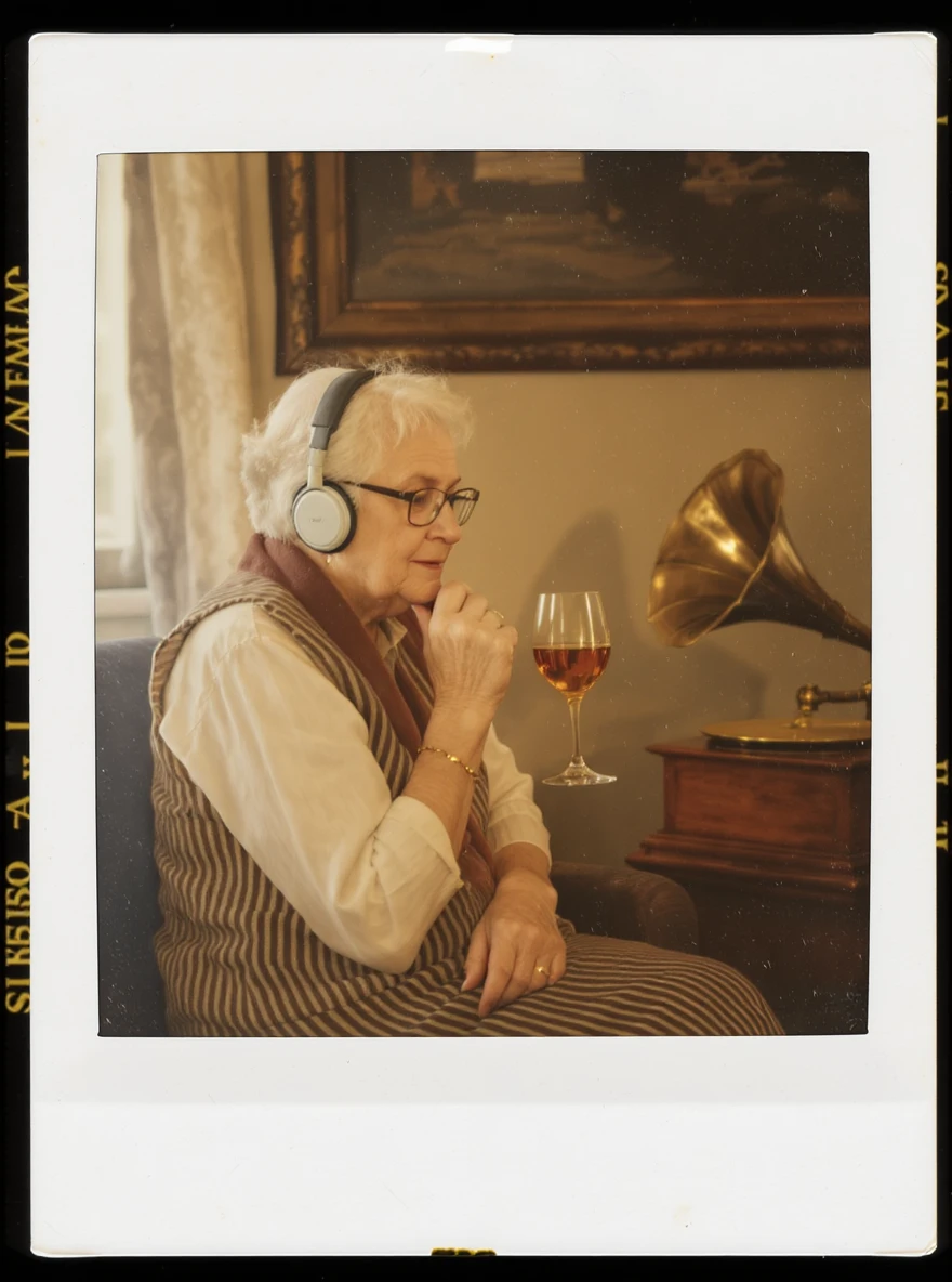 old lady with wineglass listening to gramophone emoji