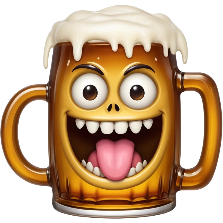Mimic monster disguised as a beer mug with teeth and tongue, tipsy looking eyes emoji